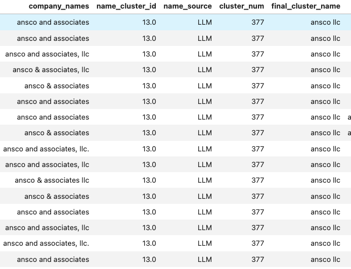 Raw company-name variations grouped into one company entity